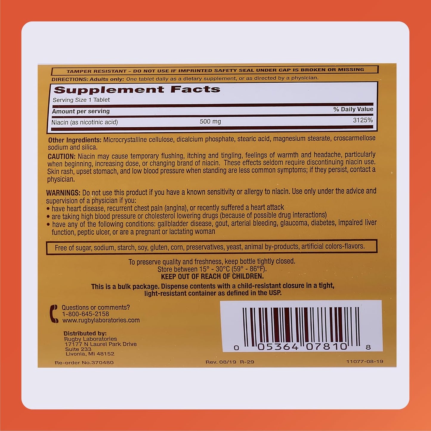 RUGBY LABORATORIES Rugby Niacin 500mg - Vitamin B3 Supplement - 2,000 Tablets for Men and Women, 2-Pack