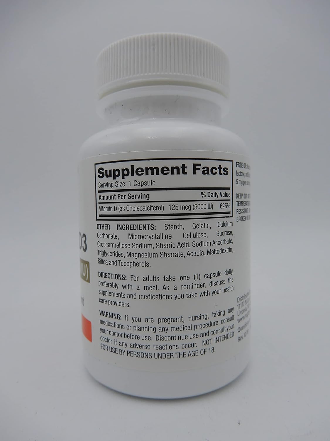 RUGBY LABORATORIES Vitamin D3 Supplement 125 mcg (5000 IU) - 100 Capsules for Better Health