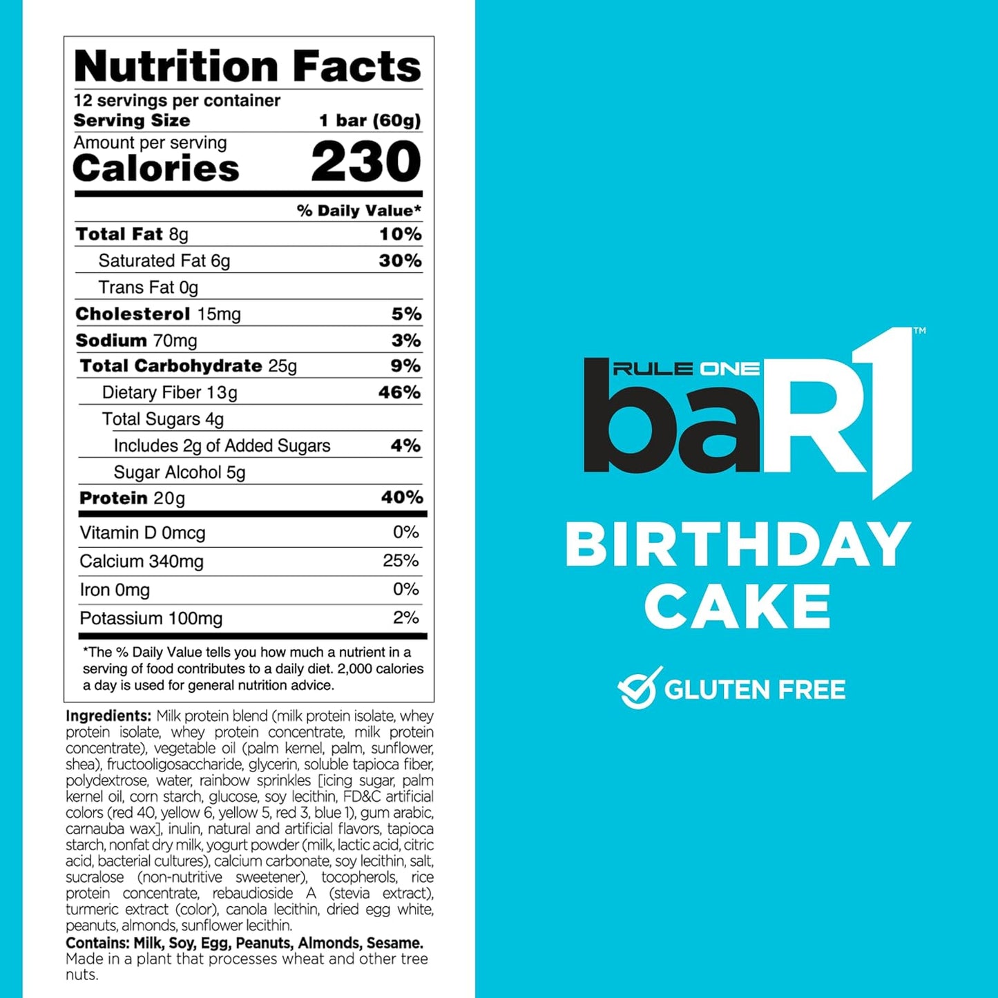 Rule 1 baR1 Crunch Bar - Birthday Cake Flavor Protein Snack Bars with 20g Protein, EAAs/BCAAs, and Fiber - 12 Count Box
