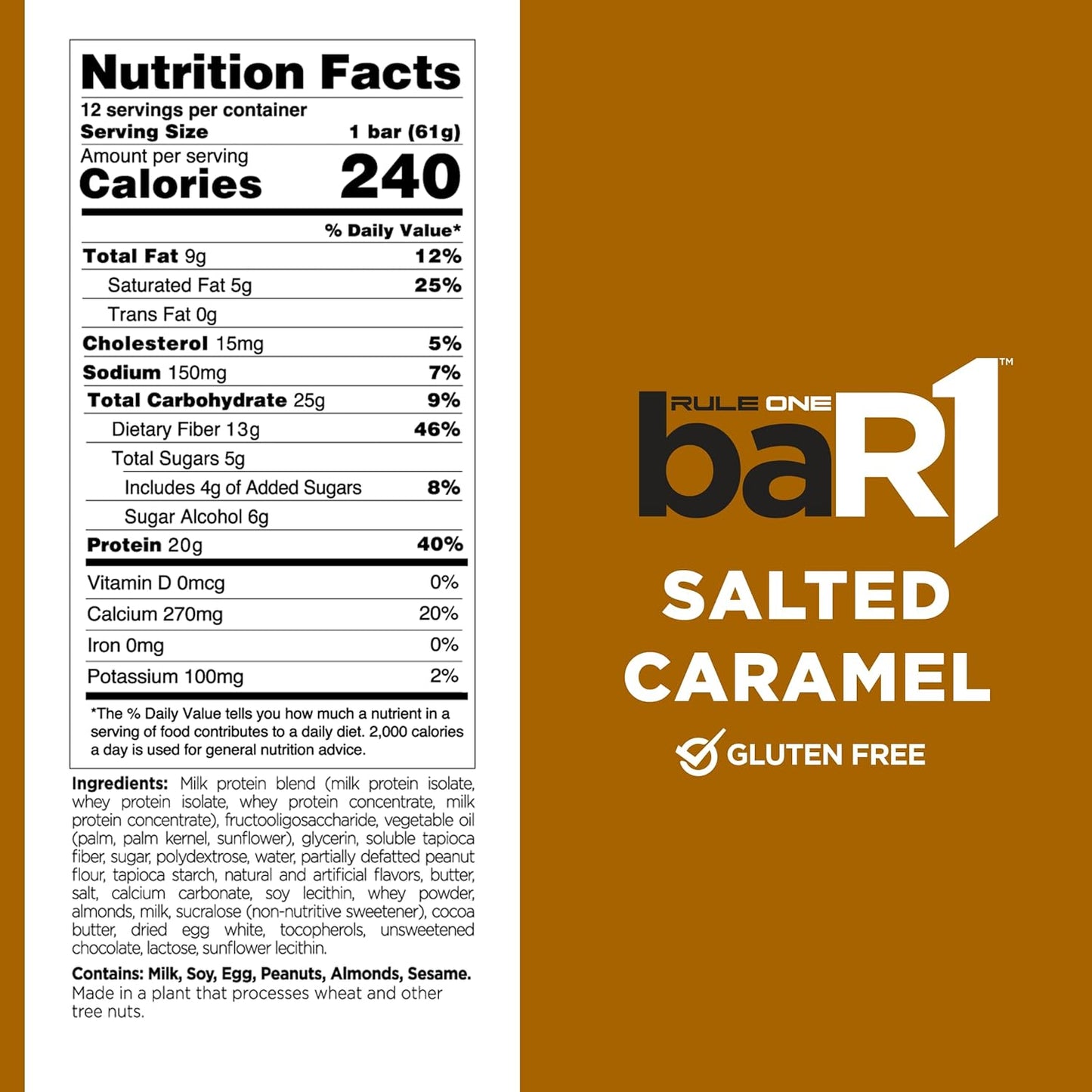 Rule 1 BaR1 Crunch Bar - Salted Caramel Protein Snack Bars, 20g Premium Protein, High Fiber, 12 Count Box