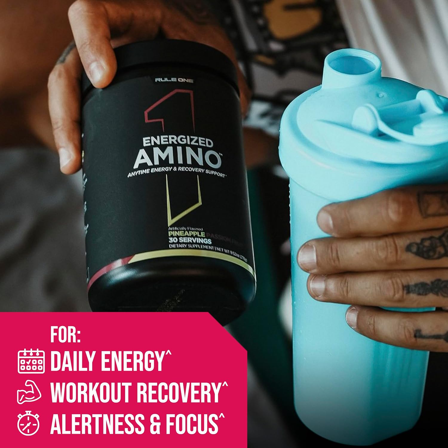 Rule 1 Energized Amino: Anytime Energy & Recovery Support with BCAAs, Glutamine, Citrulline, Beta Alanine, Caffeine - Blue Raspberry Flavor