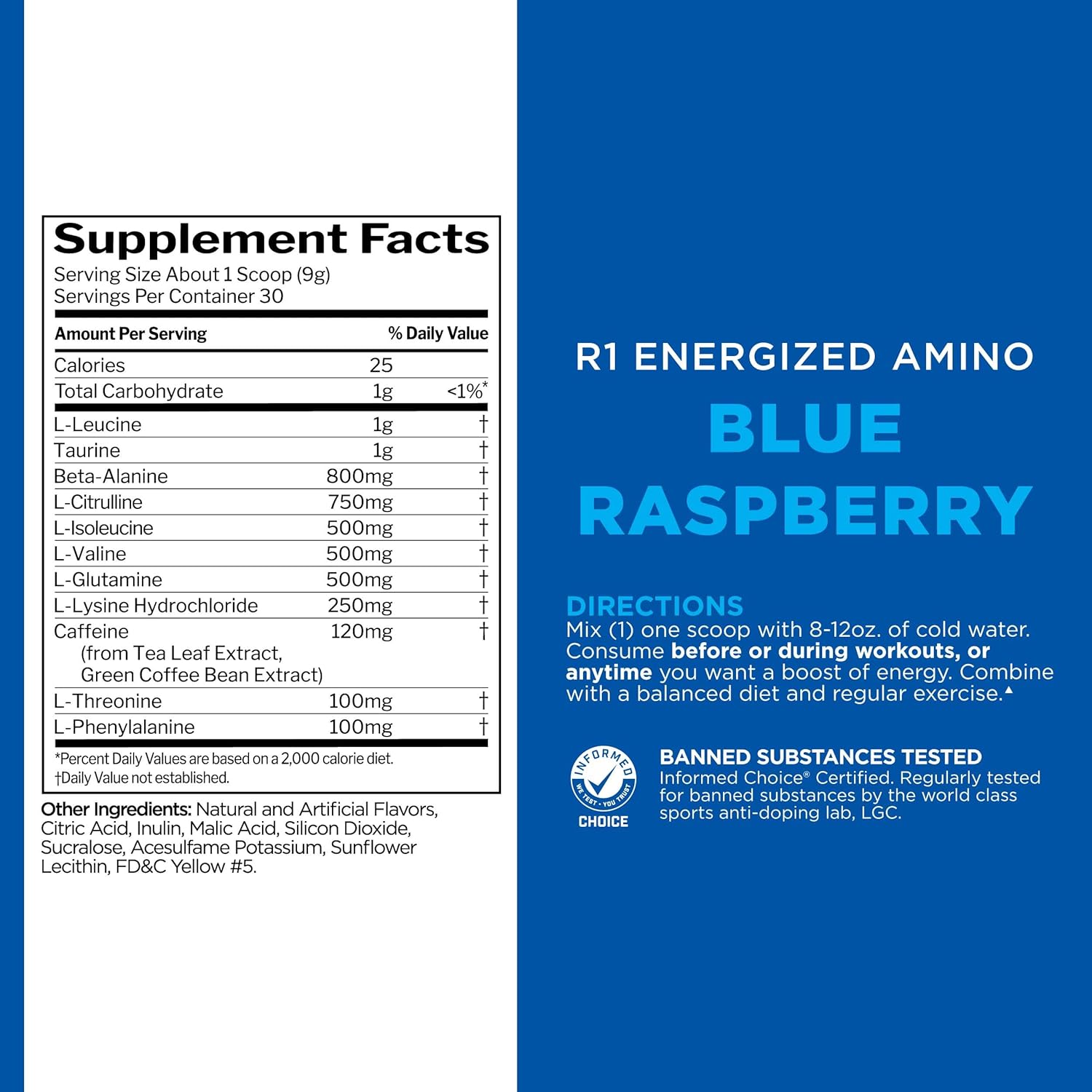 Rule 1 Energized Amino: Anytime Energy & Recovery Support with BCAAs, Glutamine, Citrulline, Beta Alanine, Caffeine - Blue Raspberry Flavor