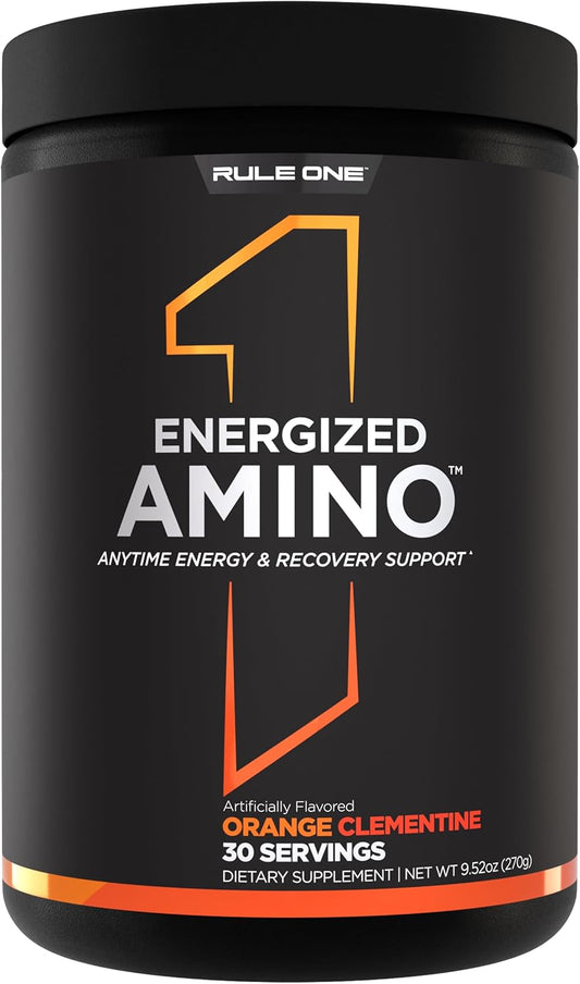 Rule 1 Energized Amino: Energy and Recovery Support with BCAAs, Glutamine, Citrulline, Beta Alanine, and Caffeine - Orange Clementine Flavor