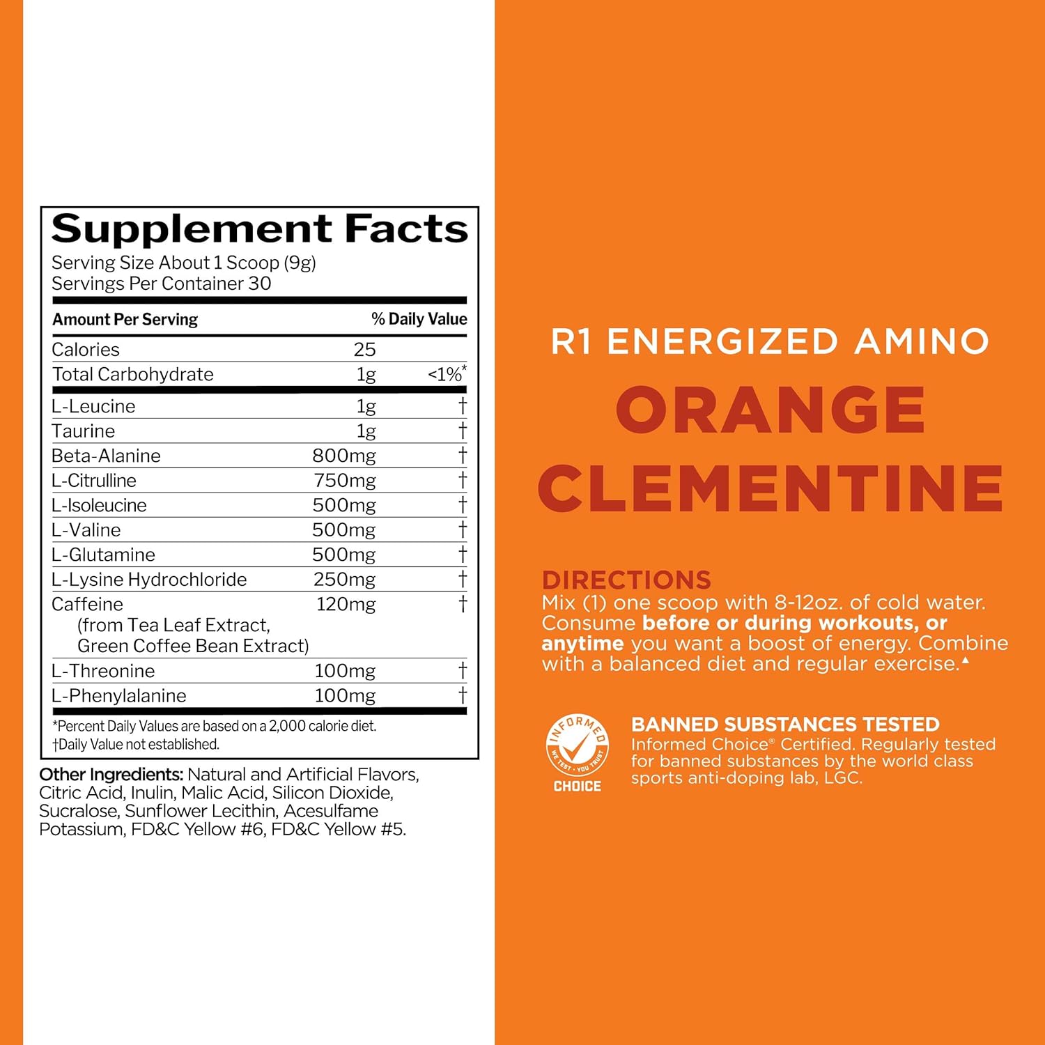 Rule 1 Energized Amino: Energy and Recovery Support with BCAAs, Glutamine, Citrulline, Beta Alanine, and Caffeine - Orange Clementine Flavor