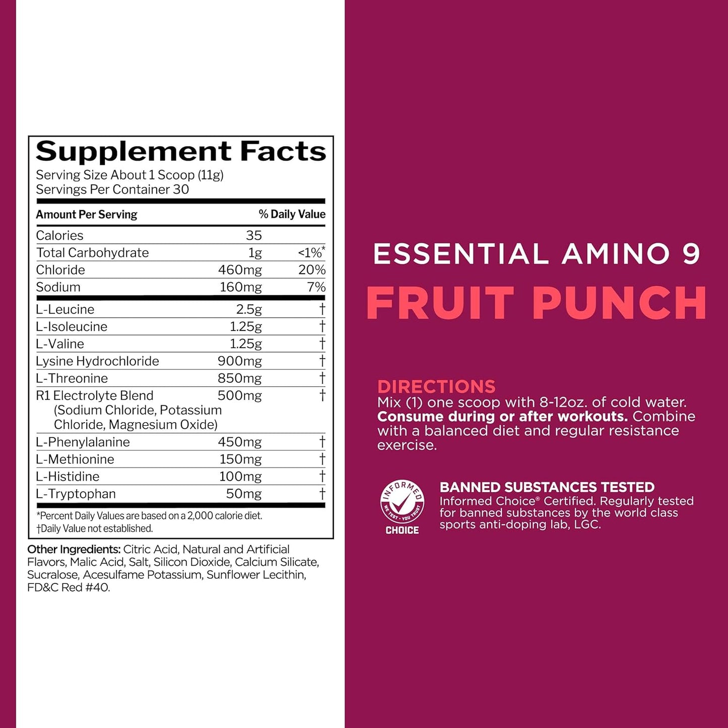 Rule 1 Essential Amino 9 Supplement - Recovery and Hydration Support with Electrolytes - Fruit Punch Flavor - 30 Servings