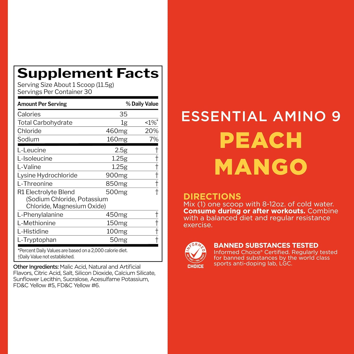 Rule 1 Essential Amino 9 Supplement - Recovery & Hydration Support with Electrolytes - Peach Mango Flavor - 30 Servings