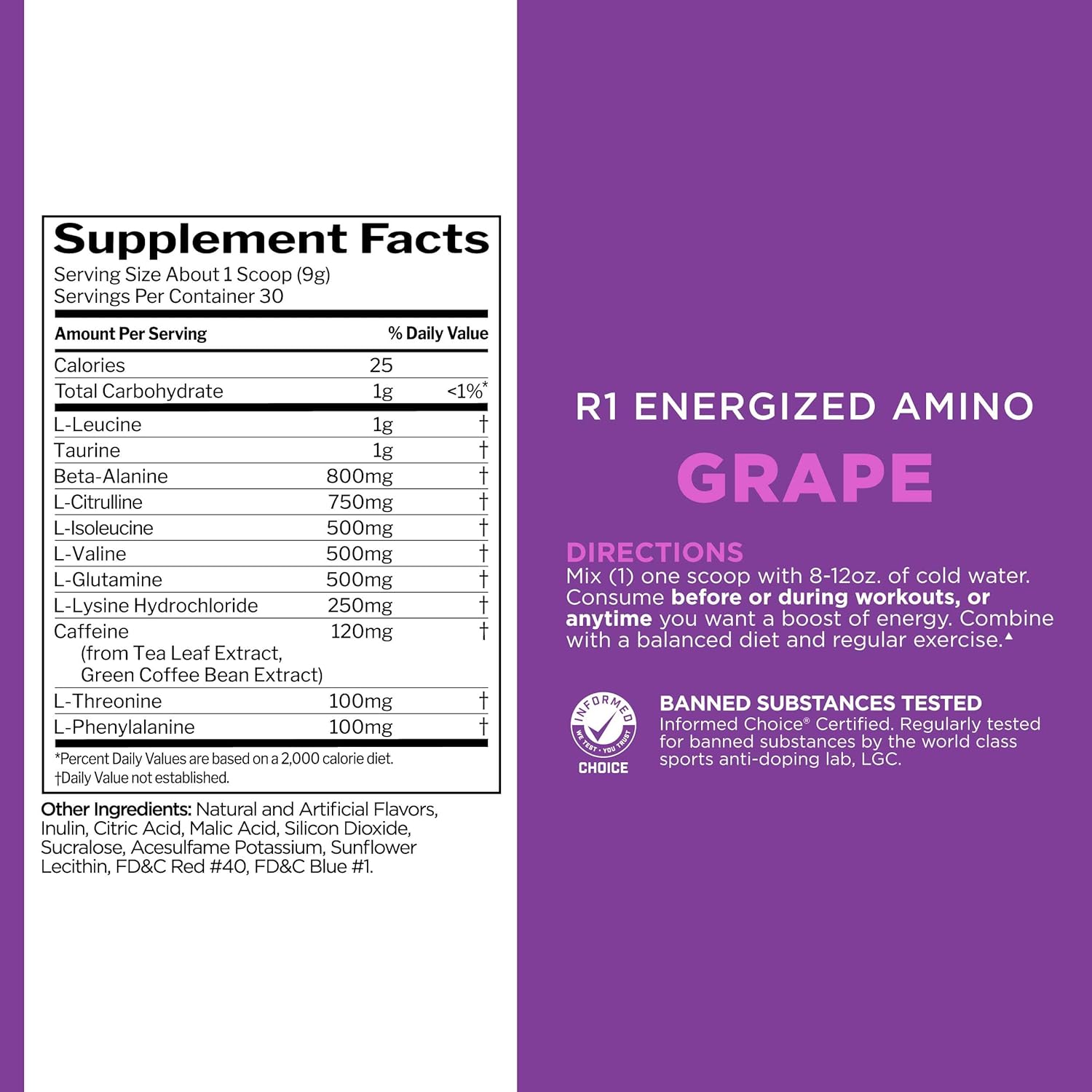 Rule 1 Proteins Energized Amino: Energy & Recovery Support with BCAAs, Glutamine, Citrulline, Beta Alanine, Caffeine (30 Servings, Grape)
