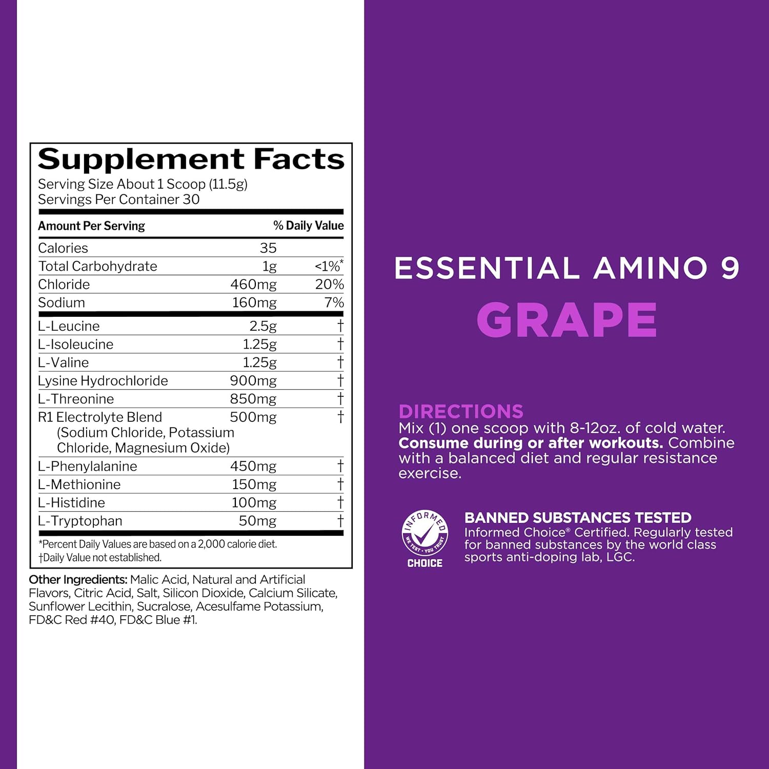 Rule 1 Proteins Essential Amino 9 Supplement - Grape Flavor, 30 Servings, 7.5g EAAs + Electrolytes for Recovery & Hydration Support