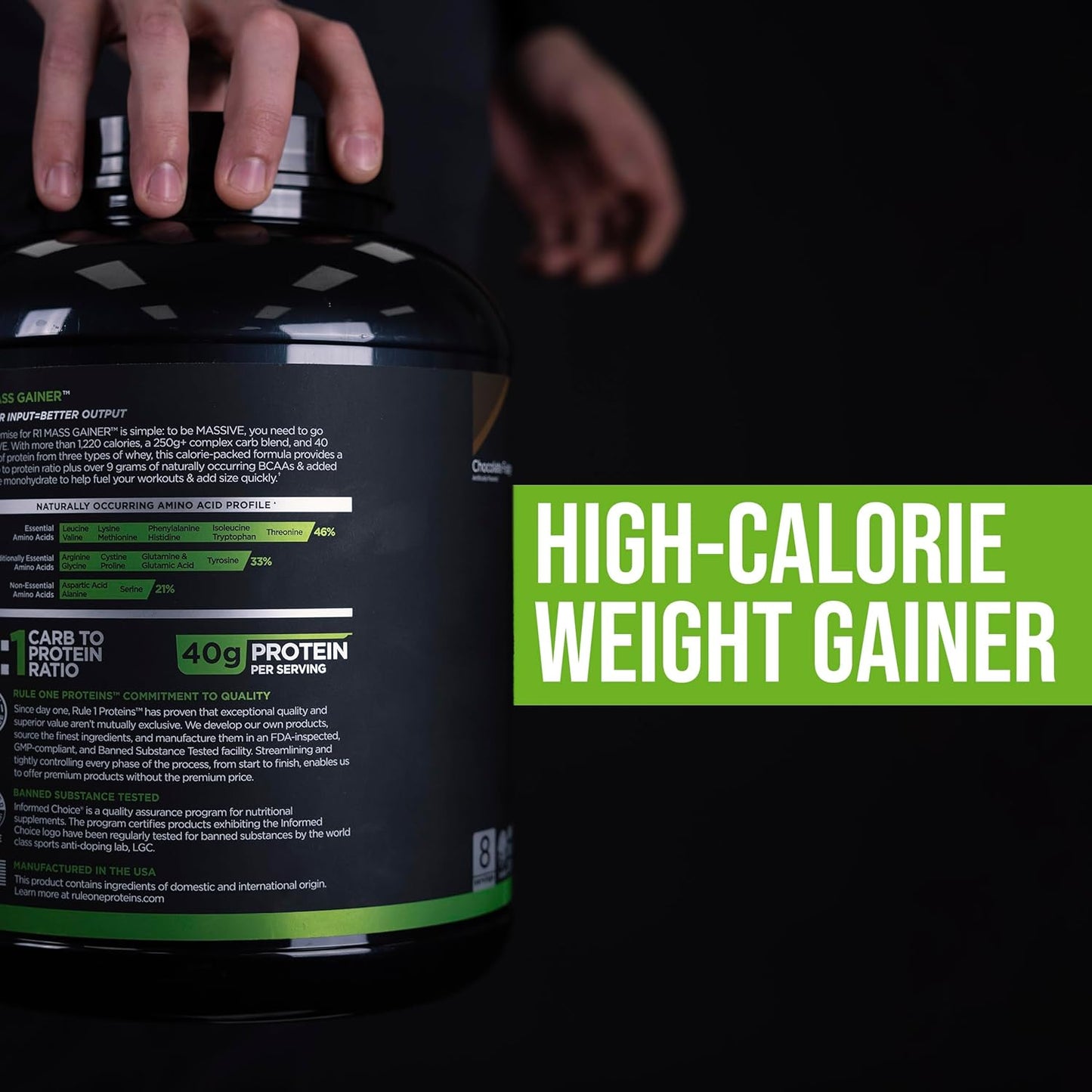 Rule 1 Proteins Mass Gainer Chocolate Fudge - High-Calorie Weight Gain Formula with 1,220+ Calories and 40g Protein Per Serving