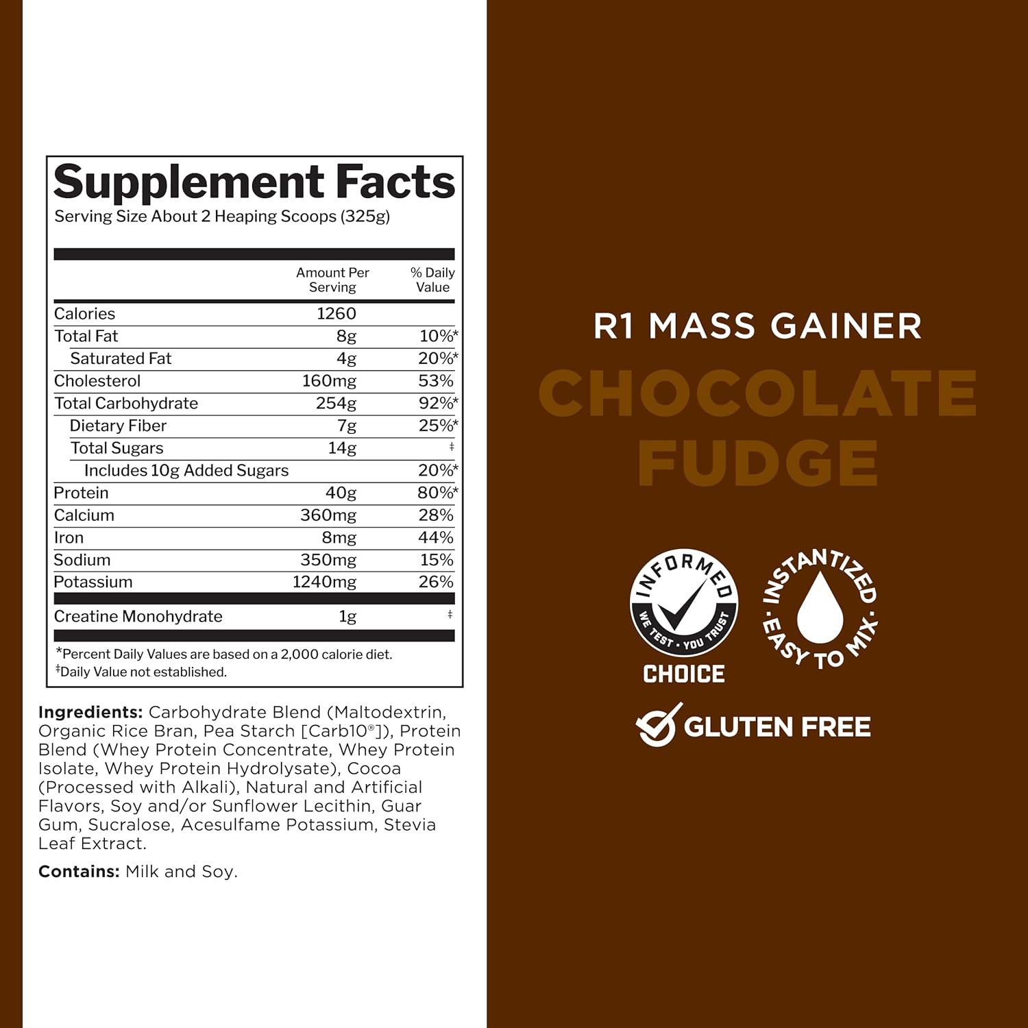 Rule 1 Proteins Mass Gainer Chocolate Fudge - High-Calorie Weight Gain Formula with 1,220+ Calories and 40g Protein Per Serving