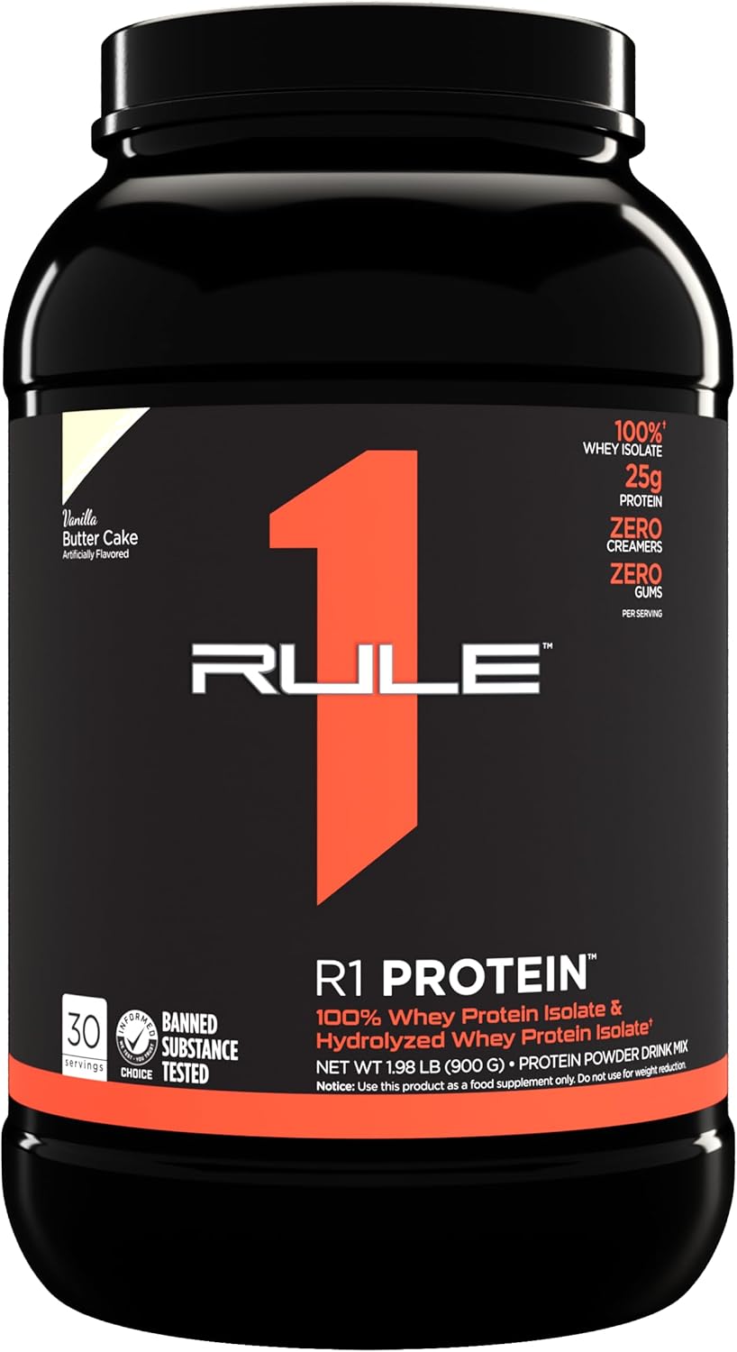 Rule 1 Proteins R1 Protein - 25g Fast-Acting Isolate Protein Powder, 100% Pure with 6g BCAAs (2 Pounds, Vanilla Butter Cake)