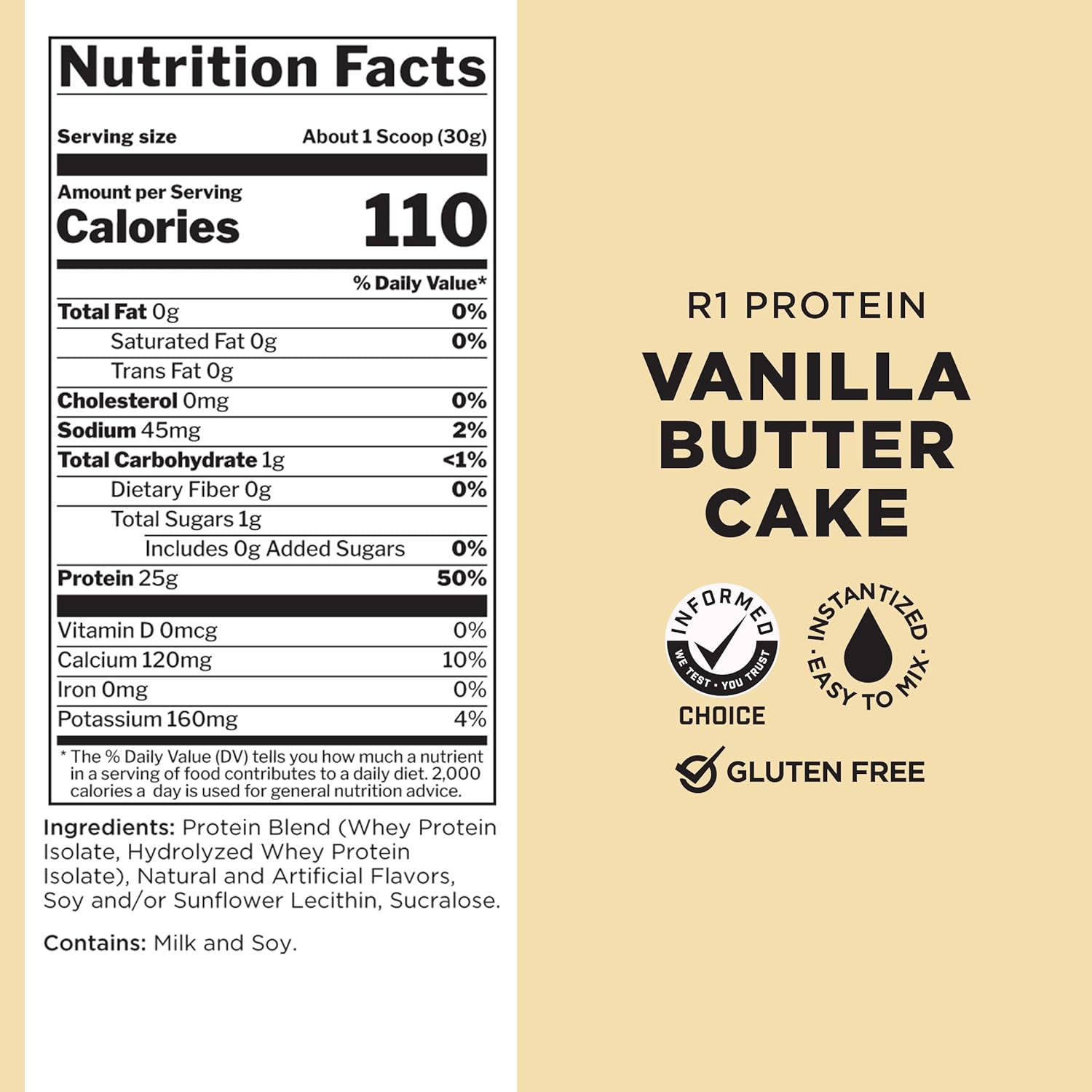 Rule 1 Proteins R1 Protein - 25g Fast-Acting Isolate Protein Powder, 100% Pure with 6g BCAAs (2 Pounds, Vanilla Butter Cake)