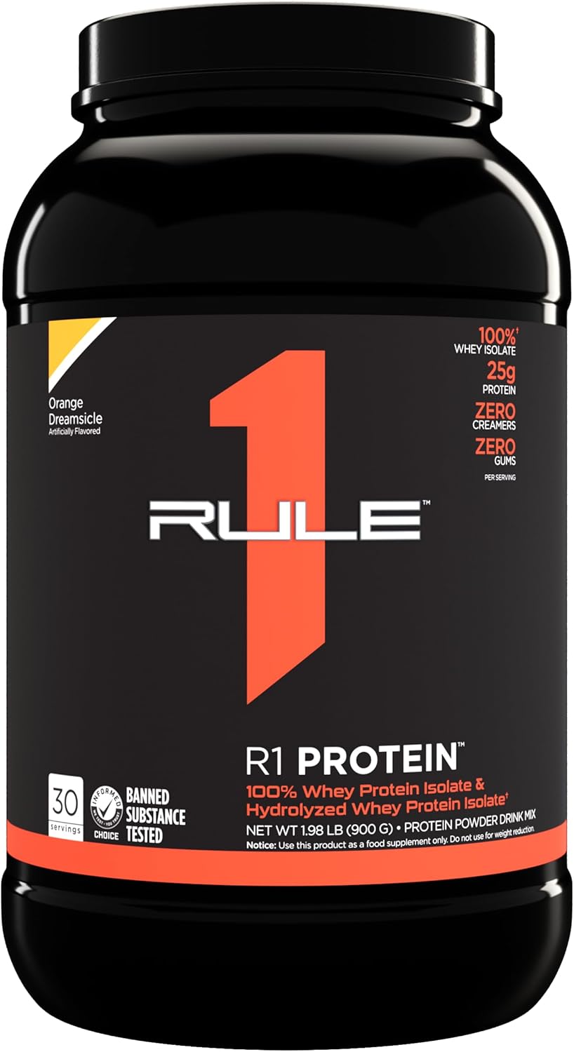 Rule 1 Proteins R1 Protein Powder - 100% Isolate & Hydrolysate, 25g Protein, 6g BCAAs, Orange Dreamsicle Flavor (2lb)