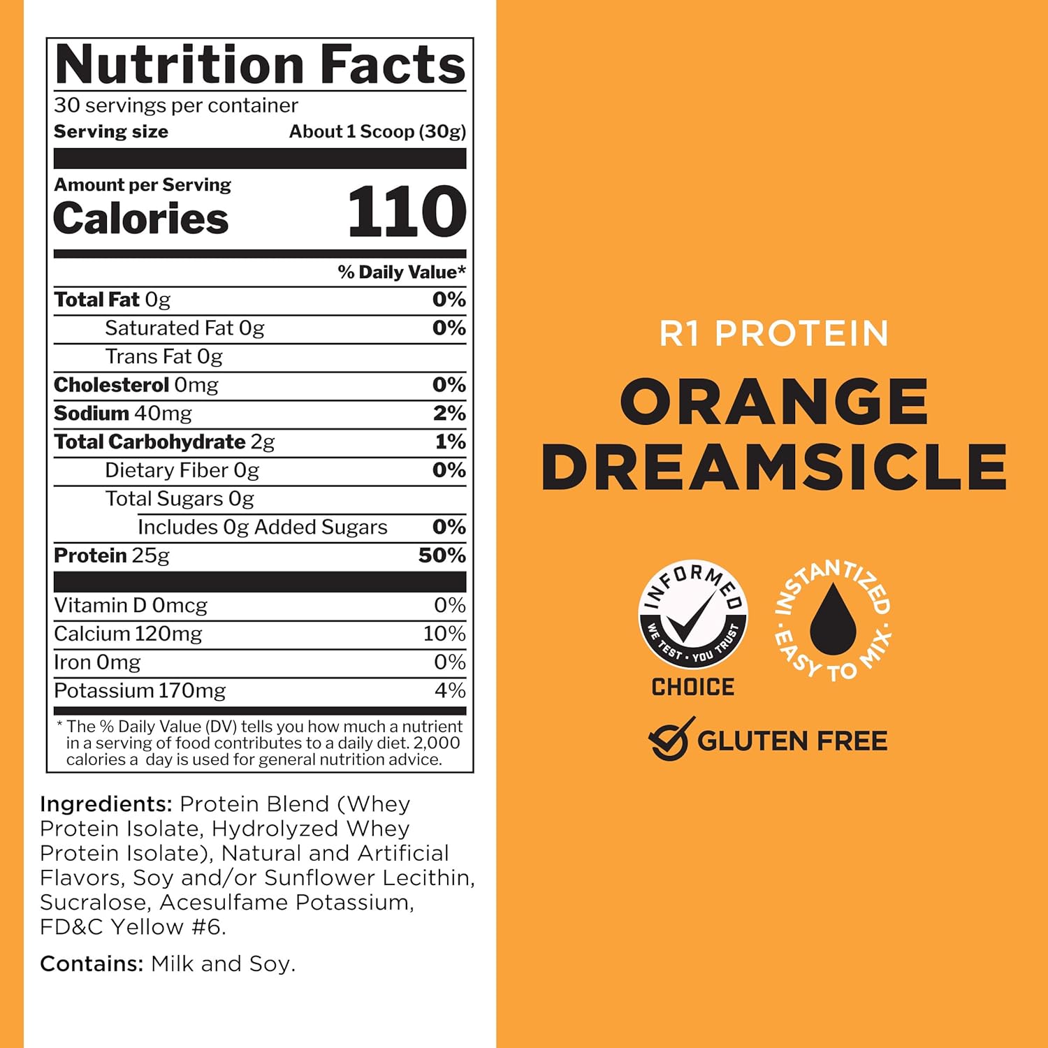 Rule 1 Proteins R1 Protein Powder - 100% Isolate & Hydrolysate, 25g Protein, 6g BCAAs, Orange Dreamsicle Flavor (2lb)