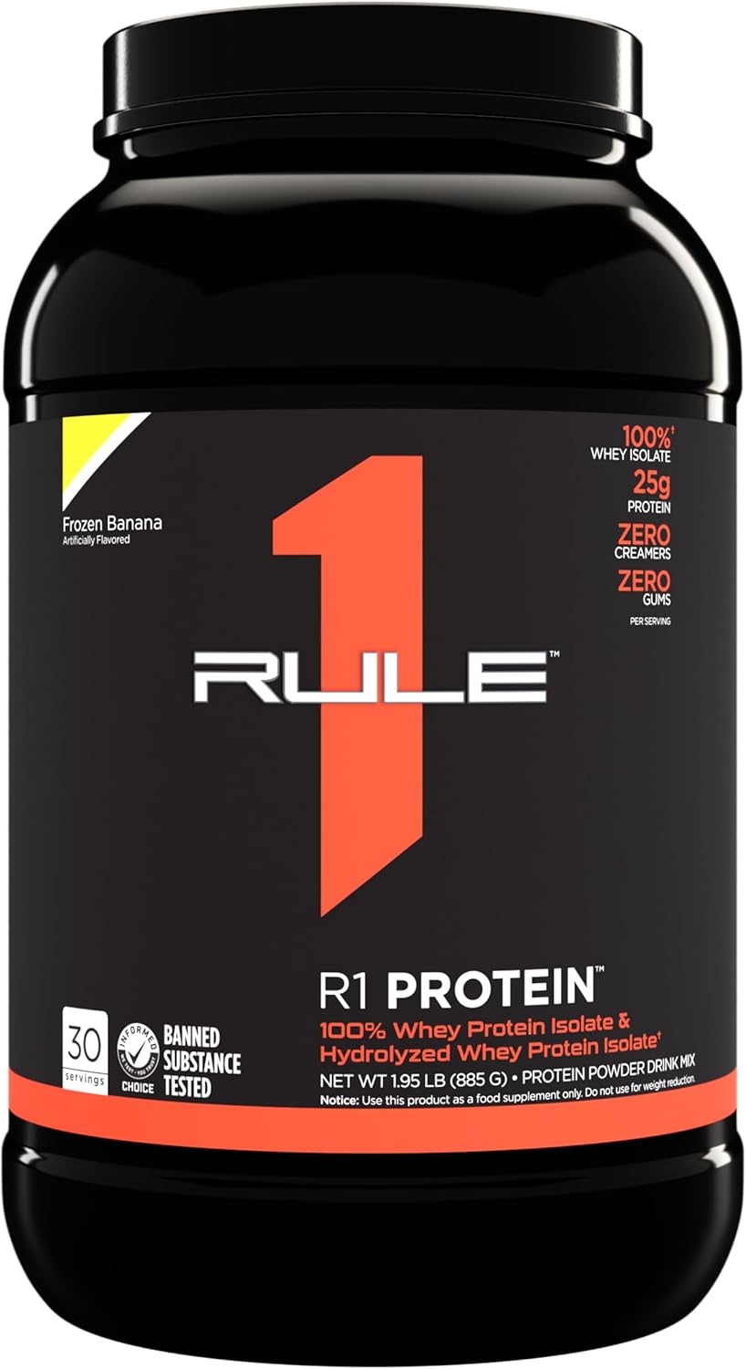 Rule 1 Proteins R1 Protein Powder - 25g Isolate and Hydrolysate Protein with 6g BCAAs, Frozen Banana Flavor, 2 Pounds