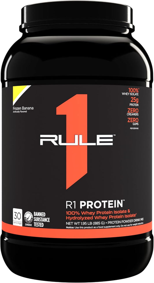 Rule 1 Proteins R1 Protein Powder - 25g Isolate and Hydrolysate Protein with 6g BCAAs, Frozen Banana Flavor, 2 Pounds