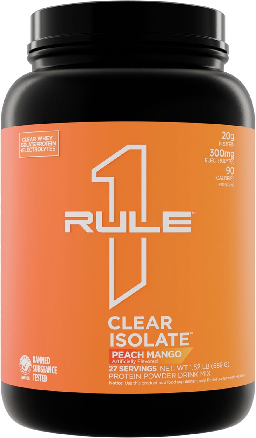 Rule One Proteins Clear Isolate Peach Mango Flavor - 20g All-Whey Isolate Protein with Electrolytes, 9g EAAs, 90 Calories - Light and Refreshing