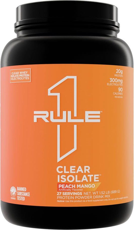 Rule One Proteins Clear Isolate Peach Mango Flavor - 20g All-Whey Isolate Protein with Electrolytes, 9g EAAs, 90 Calories - Light and Refreshing