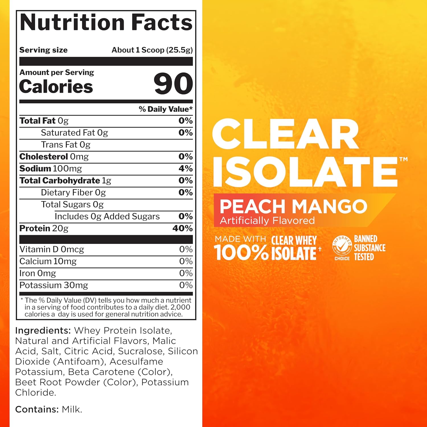 Rule One Proteins Clear Isolate Peach Mango Flavor - 20g All-Whey Isolate Protein with Electrolytes, 9g EAAs, 90 Calories - Light and Refreshing