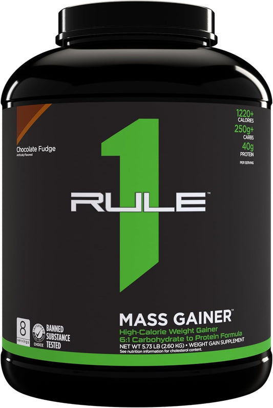 Rule One Proteins Mass Gainer - Chocolate Fudge, High-Calorie Weight Gain Formula with 1,220+ Calories, 250g+ Complex Carb Blend, 40g All-Whey Protein, 8g of Fat Per Serving, 6 Pounds