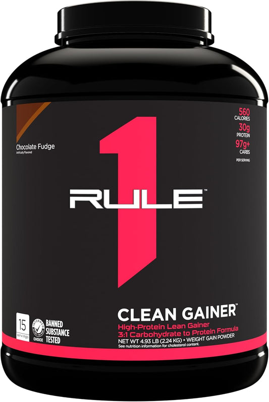Rule One Proteins R1 Clean Gainer - High-Protein Lean Gain Formula with 560 Calories, 30g Protein, 90g Carbs, Under 6g Fat - Chocolate Fudge - 15 Servings