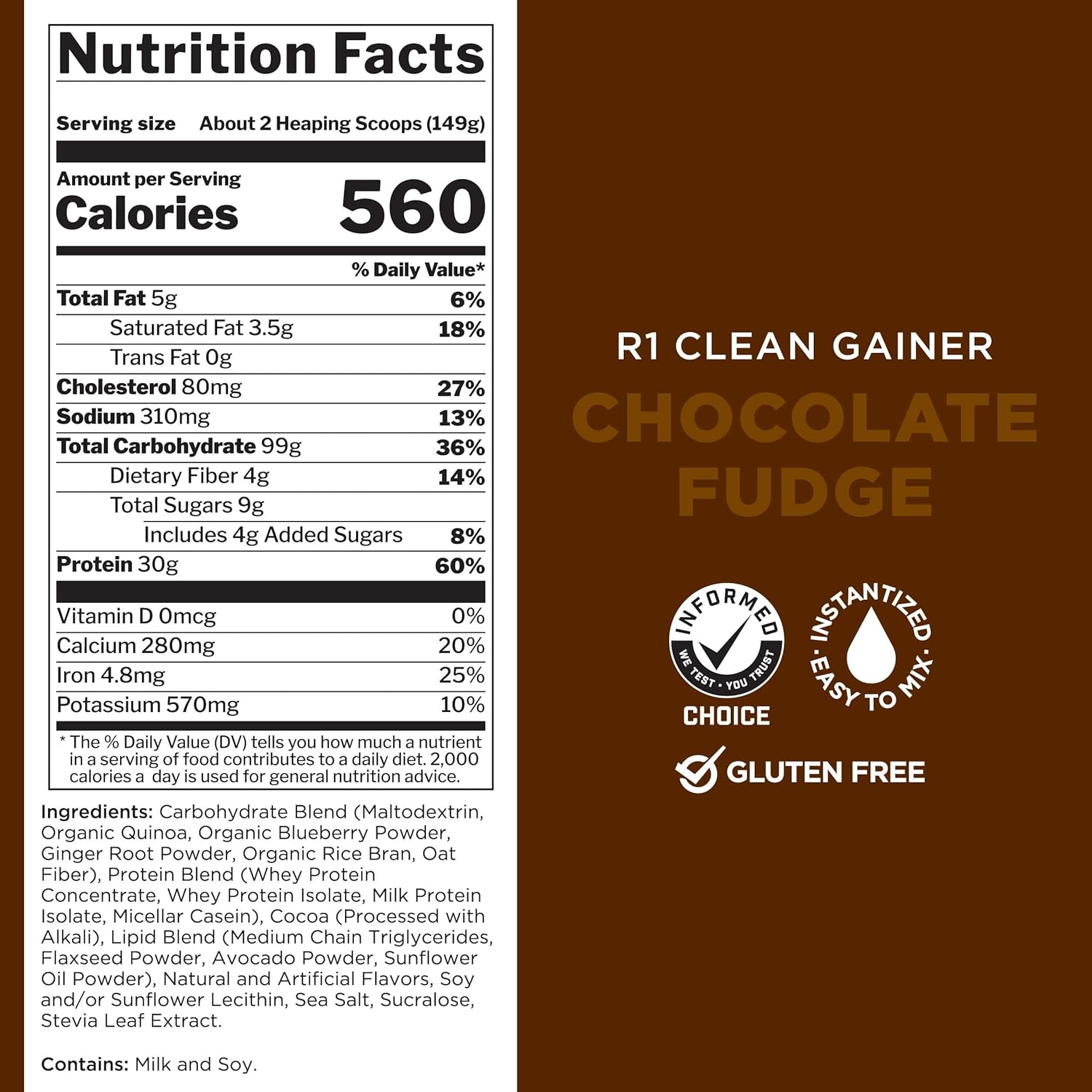 Rule One Proteins R1 Clean Gainer - High-Protein Lean Gain Formula with 560 Calories, 30g Protein, 90g Carbs, Under 6g Fat - Chocolate Fudge - 15 Servings