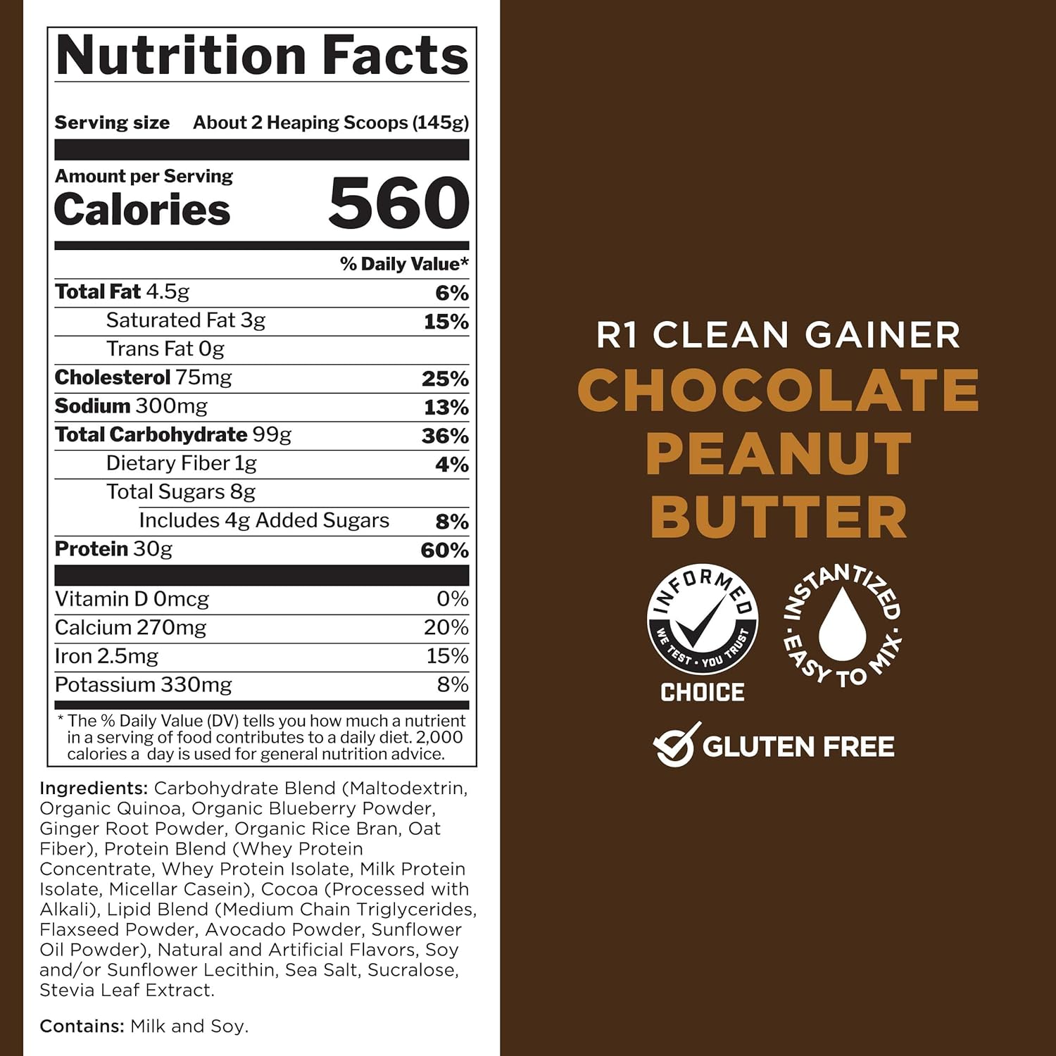 Rule One Proteins R1 Clean Gainer: Chocolate Peanut Butter - High-Protein Lean Gain Formula with 560 Calories, 30g Protein, 90g Carbs, Under 6g Fat (30 Servings)