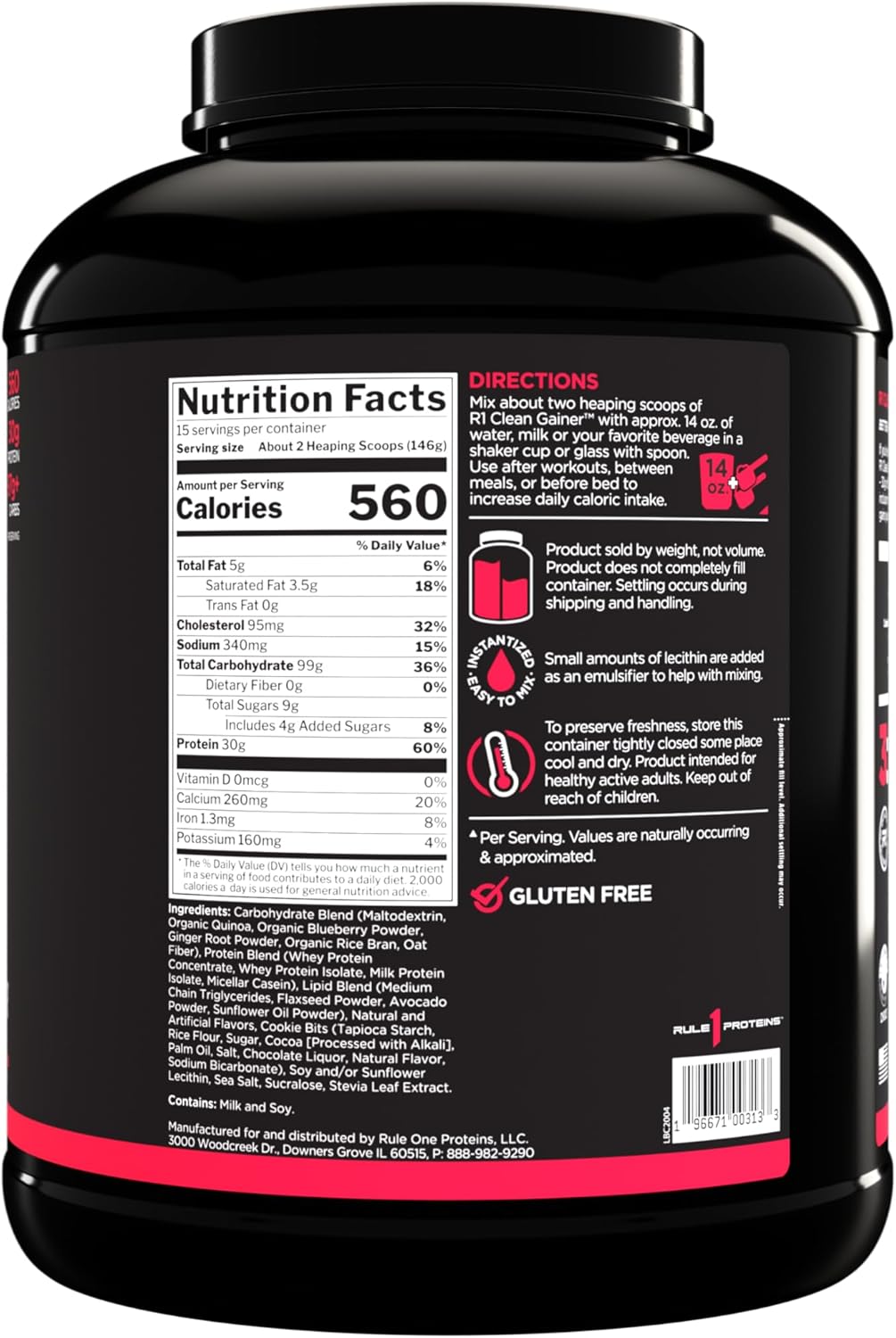 Rule One Proteins R1 Clean Gainer Cookies & Crème - High-Protein Lean Gain Formula with 560 Calories, 30g Protein, 90g Carbs, Under 6g Fat - 15 Servings