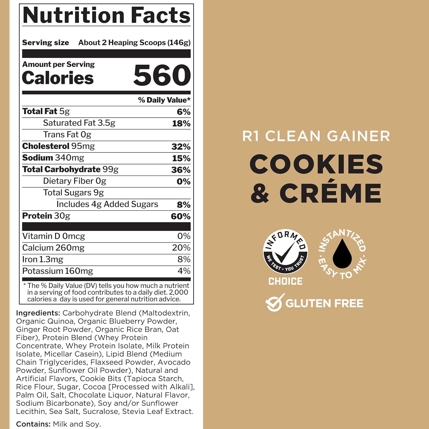 Rule One Proteins R1 Clean Gainer Cookies & Crème - High-Protein Lean Gain Formula with 560 Calories, 30g Protein, 90g Carbs, Under 6g Fat - 15 Servings