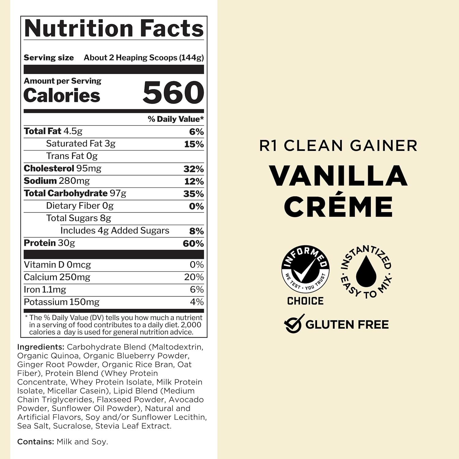 Rule One Proteins R1 Clean Gainer Vanilla Crème - High-Protein Lean Gain Formula with 560 Calories, 30g Protein, 90g Carbs, Low Fat - 30 Servings