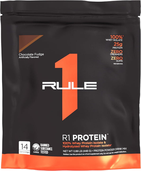Rule One Proteins R1 Protein - 100% Isolate and Hydrolysate Protein Powder, Chocolate Fudge Flavor, 25g Protein, 6g BCAAs - 1lb