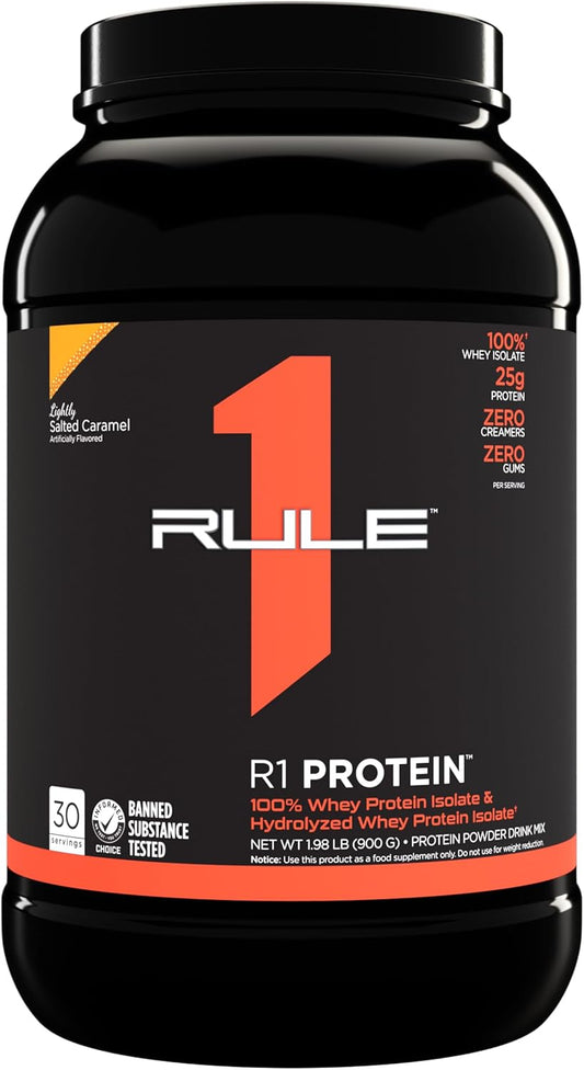Rule One Proteins R1 Protein - 25g Fast-Acting Isolate & Hydrolysate Protein Powder with 6g BCAAs (2lbs, Salted Caramel)