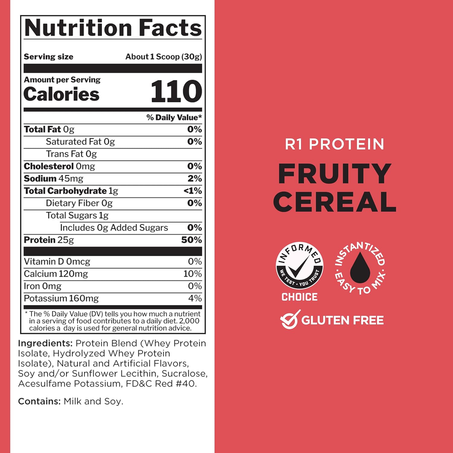 Rule One Proteins R1 Protein - 25g Fast-Acting Isolate & Hydrolysate Powder with 6g BCAAs (Fruity Cereal, 2lbs)