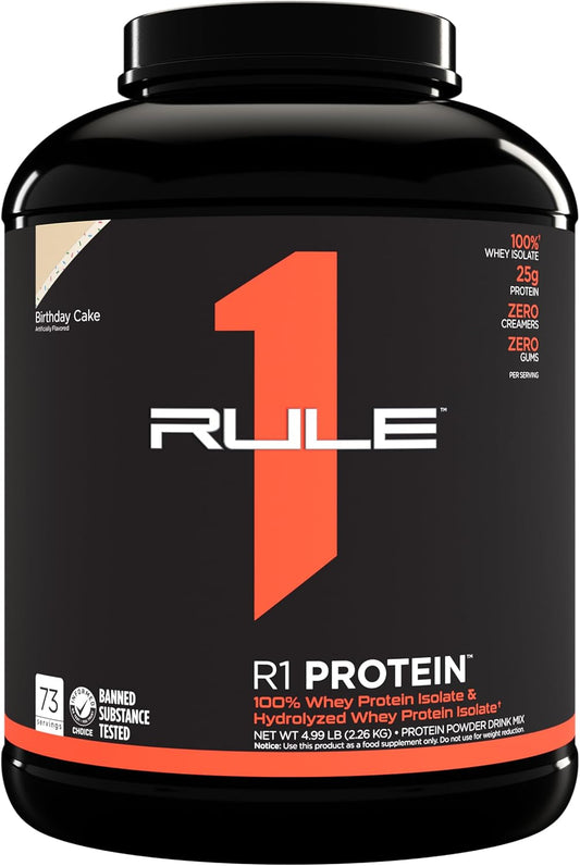 Rule One Proteins R1 Protein - Birthday Cake Flavor, 5lb Tub of 25g Fast-Acting Isolate and Hydrolysate Protein Powder with 6g BCAAs