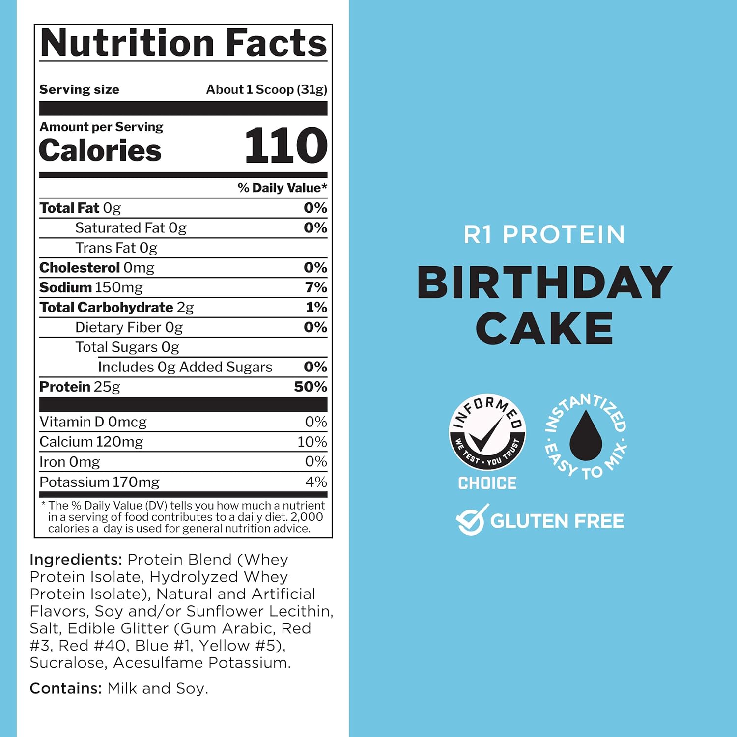 Rule One Proteins R1 Protein - Birthday Cake Flavor, 5lb Tub of 25g Fast-Acting Isolate and Hydrolysate Protein Powder with 6g BCAAs