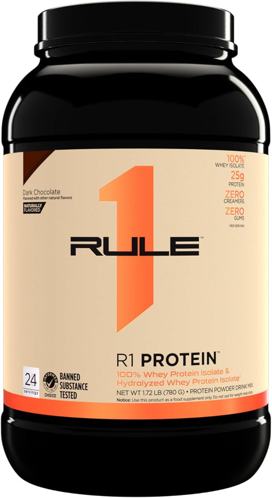Rule One Proteins R1 Protein - Dark Chocolate Flavor, 1.7 lbs - Whey Isolate Protein Powder with 25g Protein & 6g BCAAs