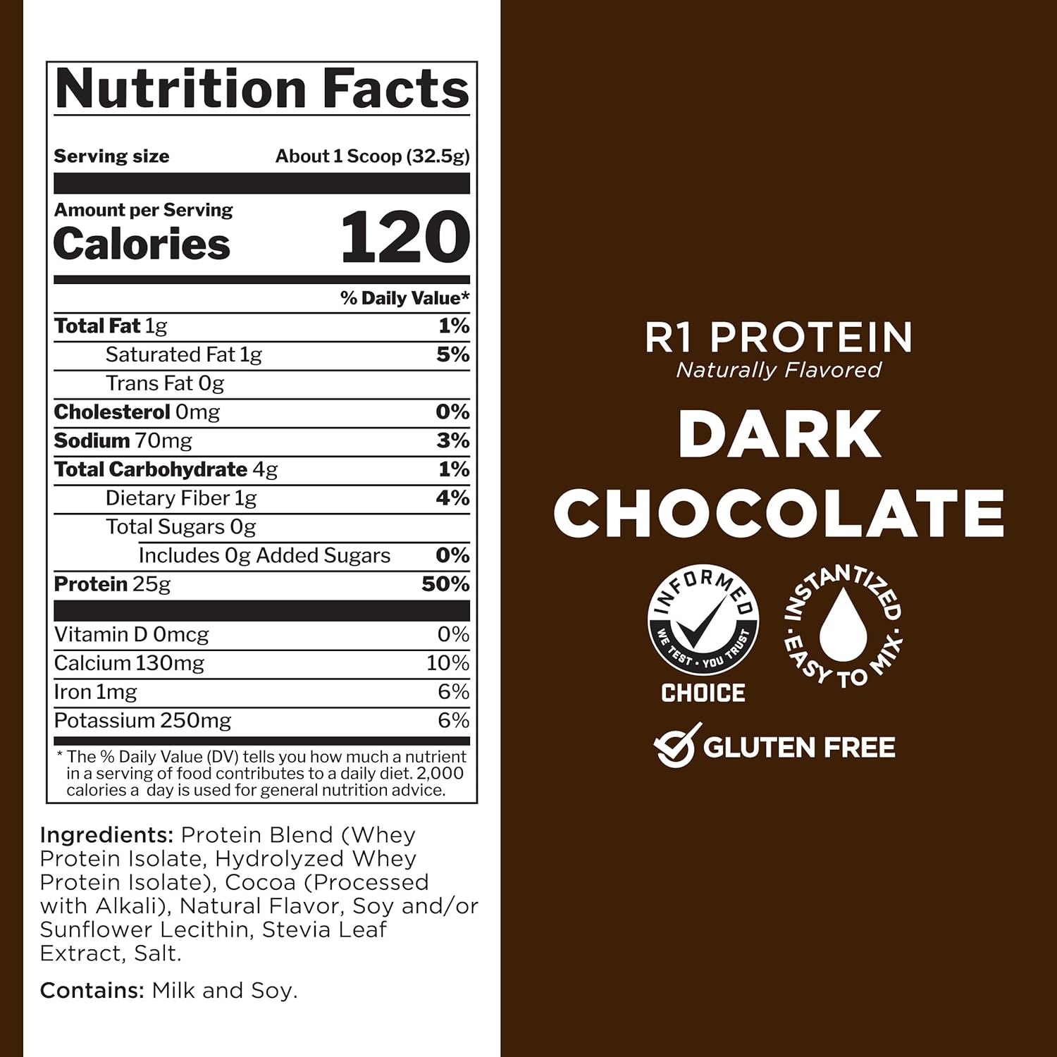 Rule One Proteins R1 Protein - Dark Chocolate Flavor, 1.7 lbs - Whey Isolate Protein Powder with 25g Protein & 6g BCAAs