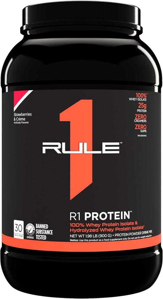 Rule One Proteins R1 Protein Powder - 25g Fast-Acting Isolate & Hydrolysate with 6g BCAAs, 100% Pure (2lbs, Strawberries & Crème)