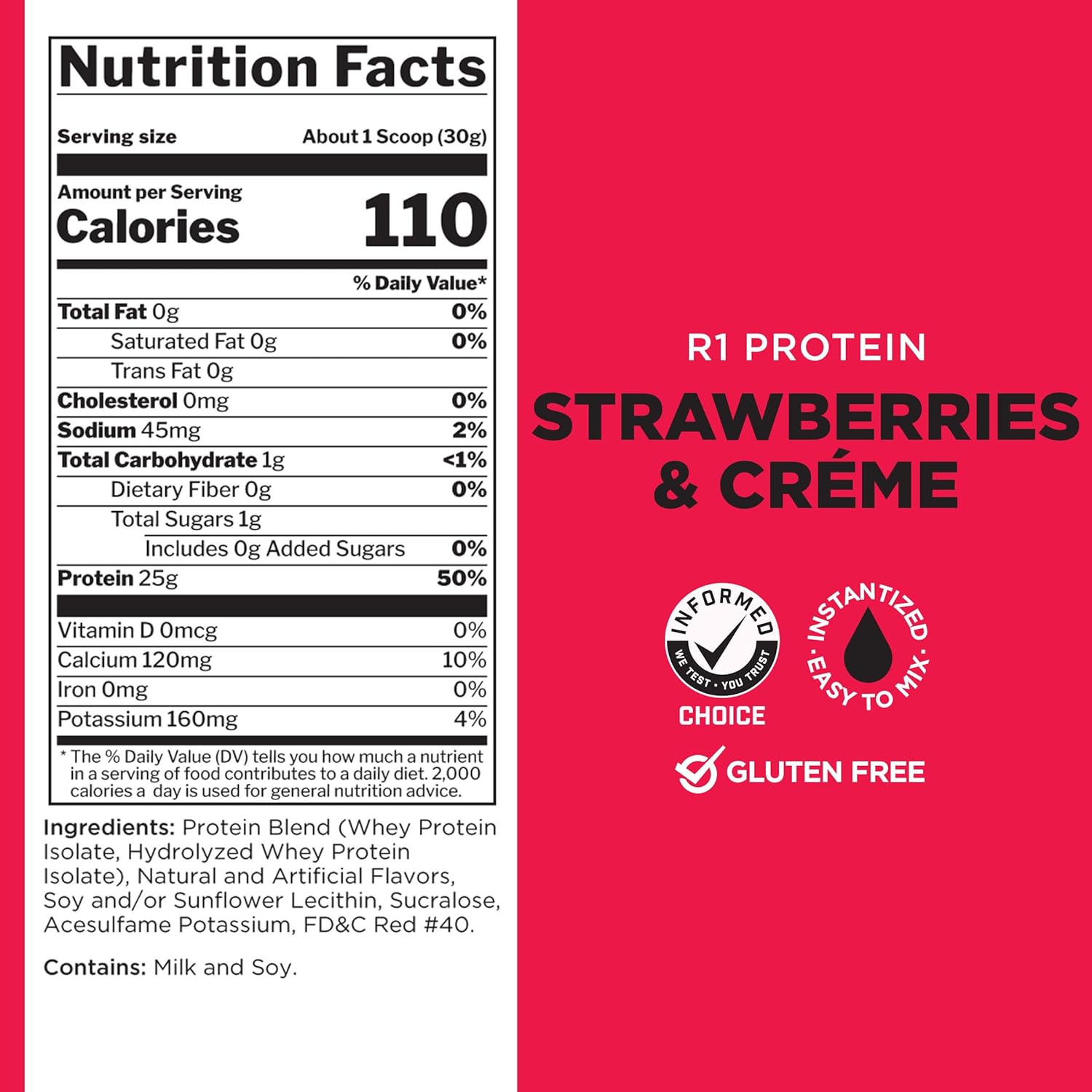 Rule One Proteins R1 Protein Powder - 25g Fast-Acting Isolate & Hydrolysate with 6g BCAAs, 100% Pure (2lbs, Strawberries & Crème)