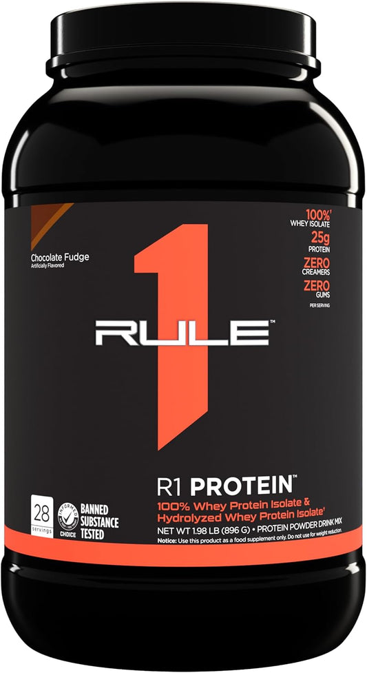 Rule One Proteins R1 Protein Powder - Chocolate Fudge, 25g Isolate and Hydrolysate Protein with 6g BCAAs, Fast-Acting Formula (2 lbs)