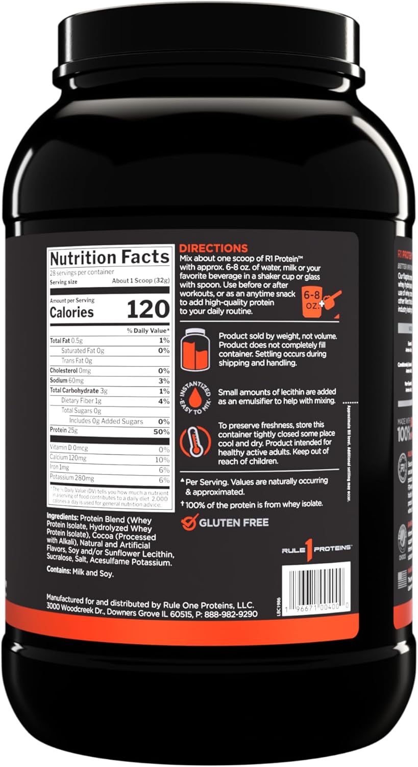 Rule One Proteins R1 Protein Powder - Chocolate Fudge, 25g Isolate and Hydrolysate Protein with 6g BCAAs, Fast-Acting Formula (2 lbs)