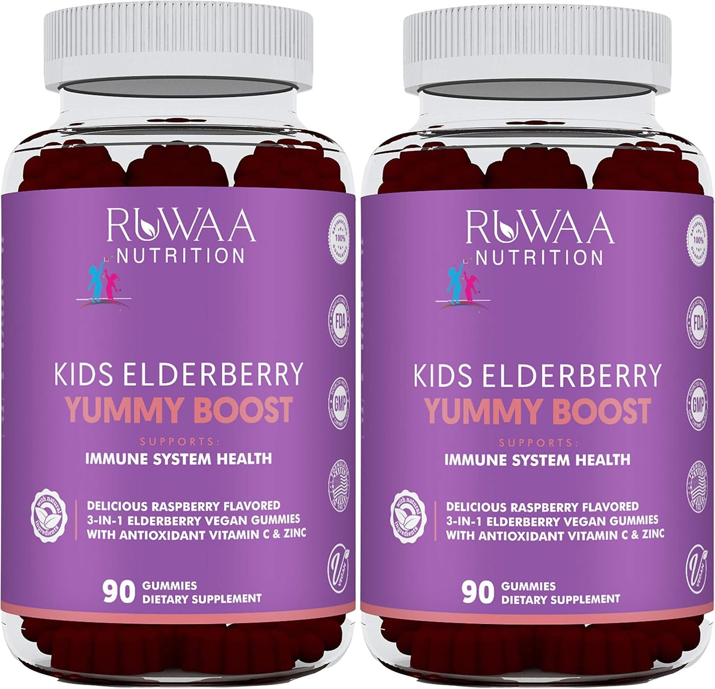 RUWAA NUTRITION Kids Immune Support Bundle: Elderberry Gummies, Zinc, Vitamin C for Healthy Bones, Brain, Lungs, Skin | Vegan, Gluten Free, Non-GMO (2)
