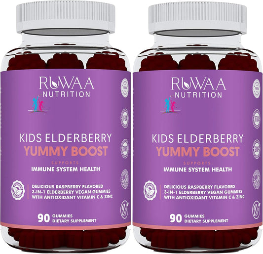 RUWAA NUTRITION Kids Immune Support Bundle: Elderberry Gummies, Zinc, Vitamin C for Healthy Bones, Brain, Lungs, Skin | Vegan, Gluten Free, Non-GMO (2)