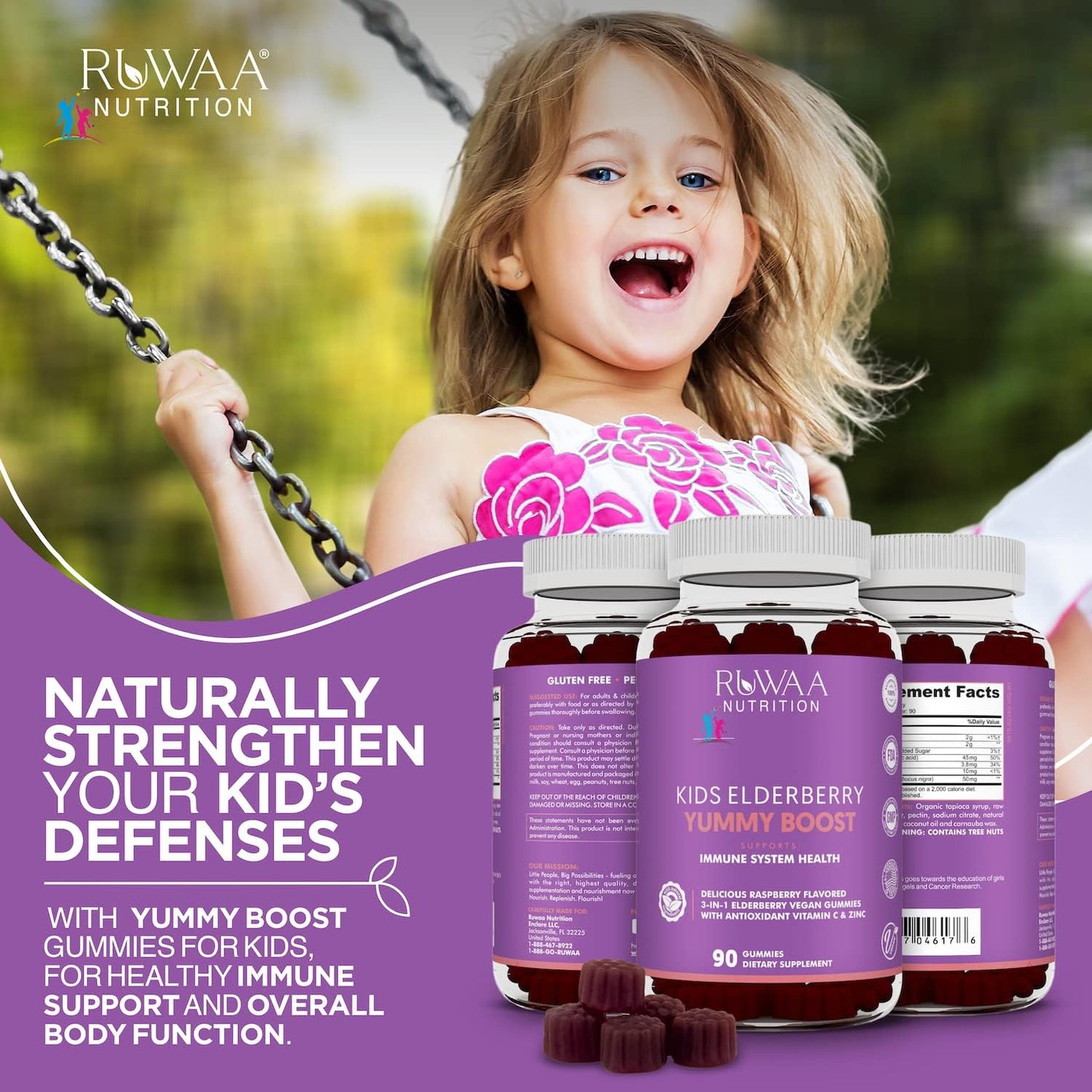RUWAA NUTRITION Kids Immune Support Bundle: Elderberry Gummies, Zinc, Vitamin C for Healthy Bones, Brain, Lungs, Skin | Vegan, Gluten Free, Non-GMO (2)