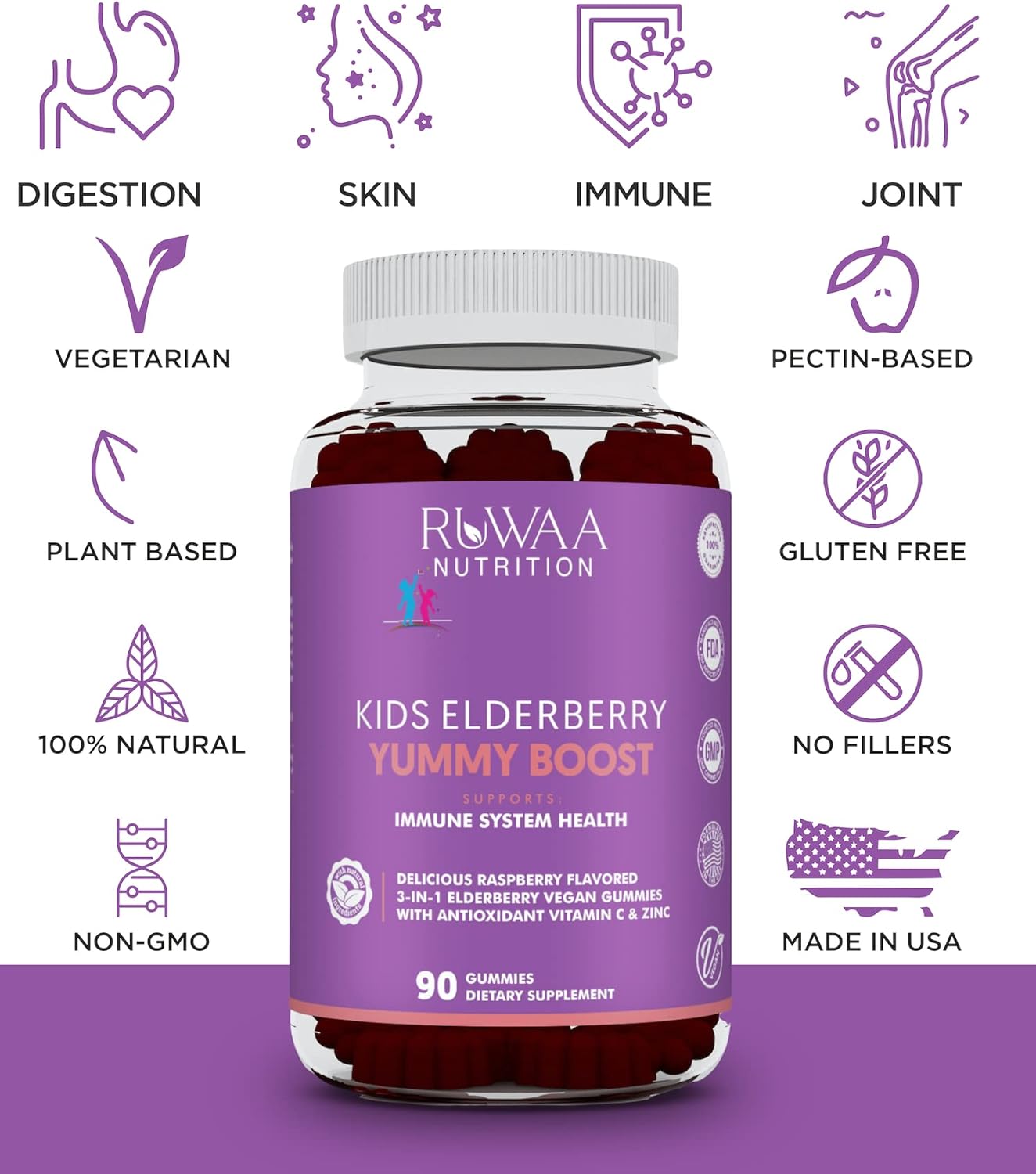 RUWAA NUTRITION Kids Immune Support Bundle: Elderberry Gummies, Zinc, Vitamin C for Healthy Bones, Brain, Lungs, Skin | Vegan, Gluten Free, Non-GMO (2)