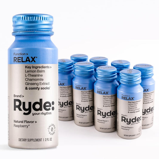 Ryde Relax Shot Raspberry Flavor with Lemon Balm, L-Theanine, Ginseng & Chamomile - 0 Calories, 0 Sugar - 2 FL OZ Shots - 8 Pack - Natural Relaxation*