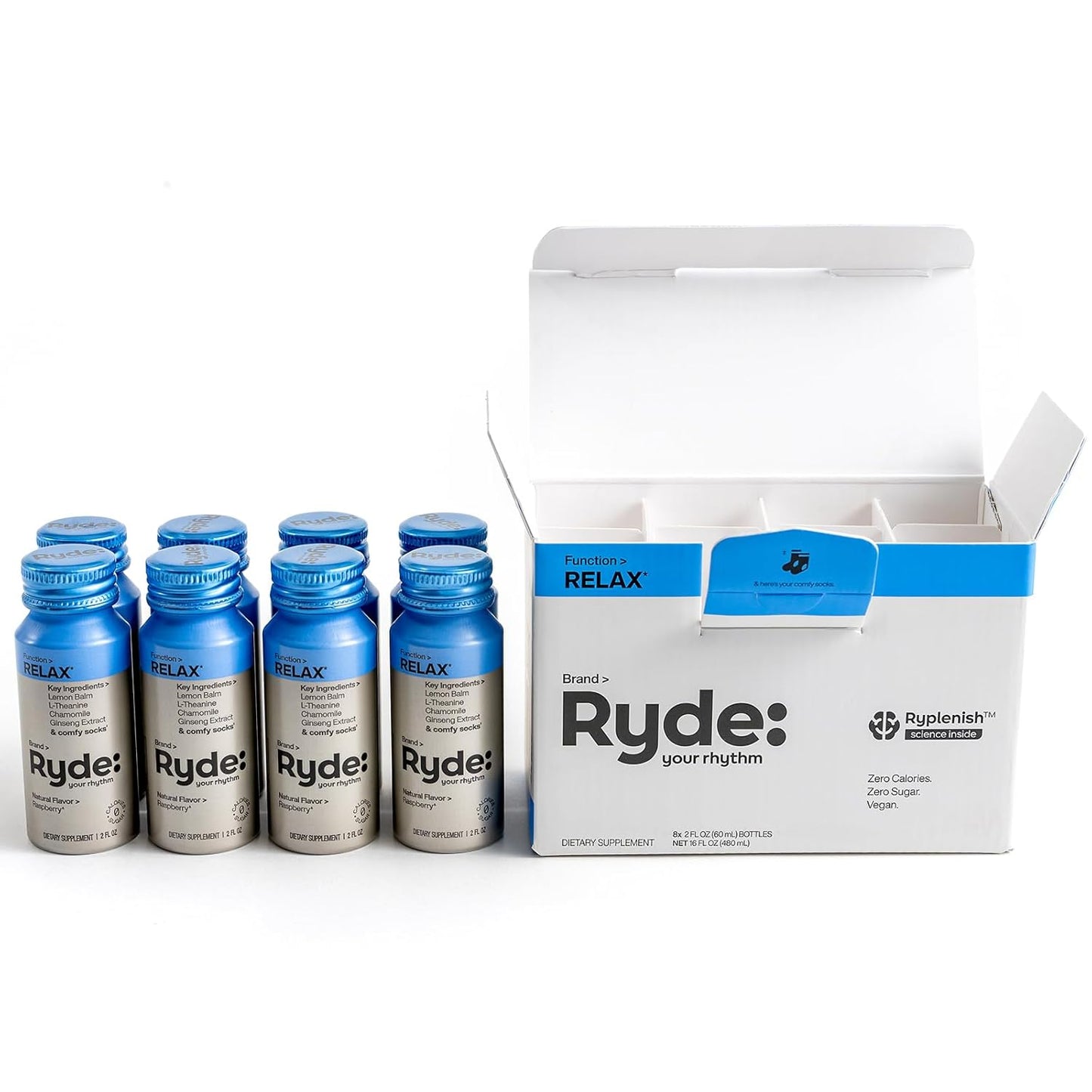 Ryde Relax Shot Raspberry Flavor with Lemon Balm, L-Theanine, Ginseng & Chamomile - 0 Calories, 0 Sugar - 2 FL OZ Shots - 8 Pack - Natural Relaxation*