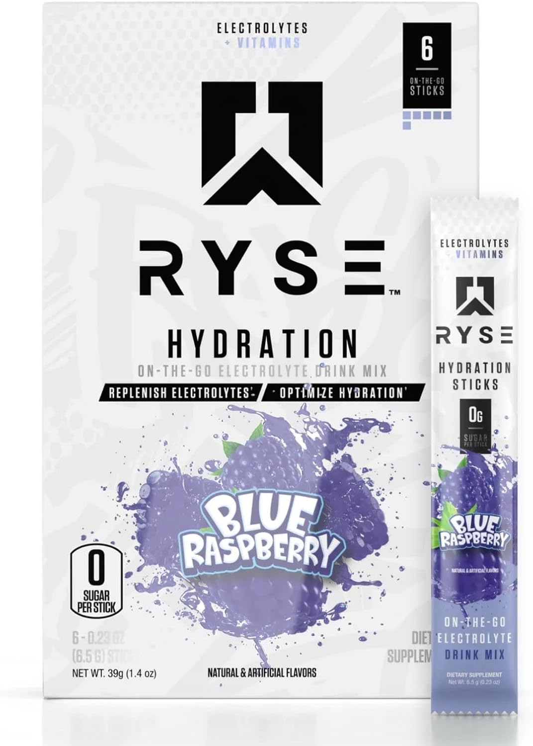 RYSE Core Hydration Electrolyte Drink Mix Packets - Blue Raspberry Flavor, Zero Sugar, 6 Servings, All 6 Electrolytes & Essential Vitamins, On The Go Formula