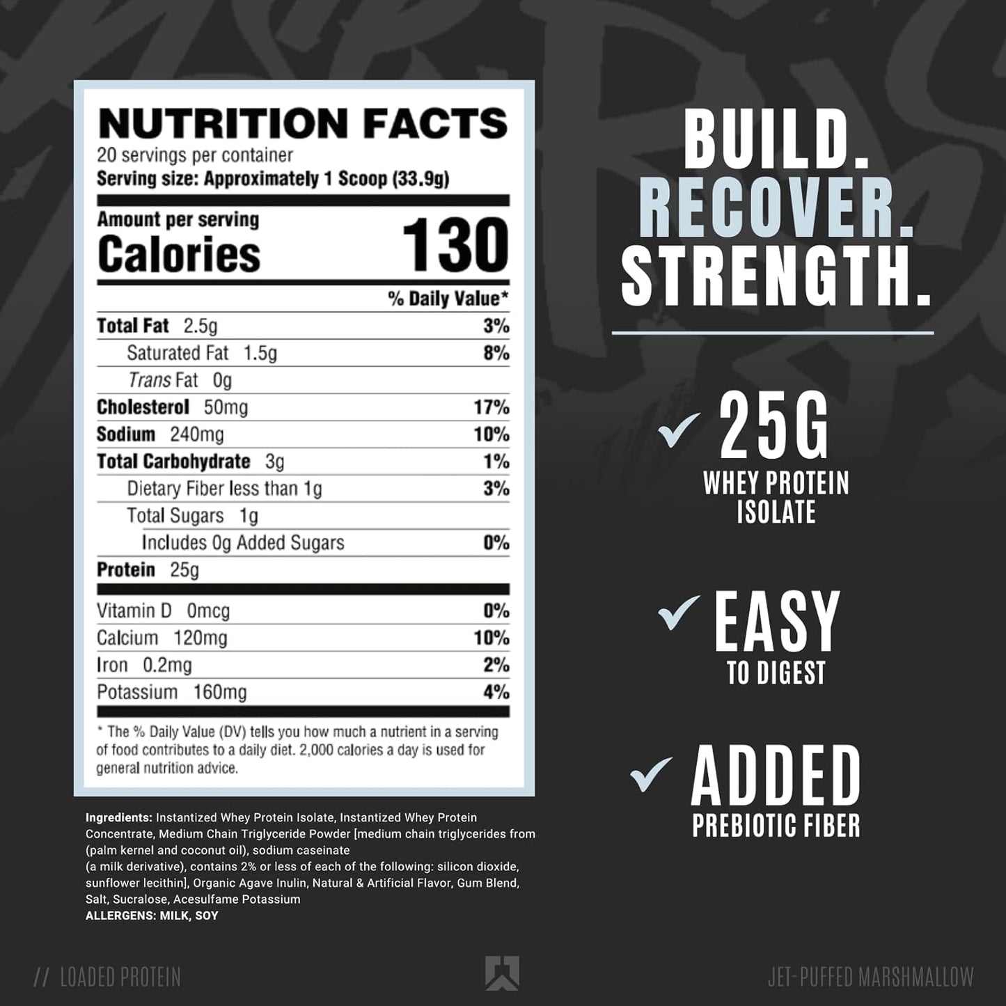 RYSE Core Series Loaded Protein - Premium Whey Protein with Prebiotic Fiber, MCTs - Build and Recover with 25g Protein - Low Carb, Low Sugar - Marshmallow Flavor - 20 Servings