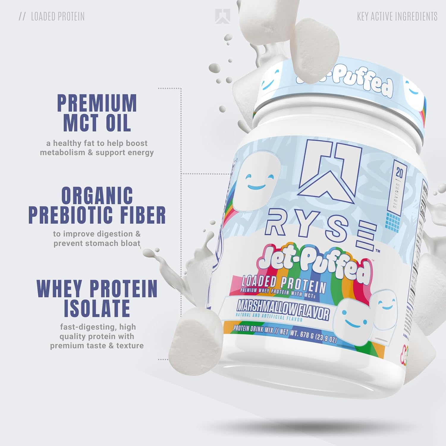 RYSE Core Series Loaded Protein - Premium Whey Protein with Prebiotic Fiber, MCTs - Build and Recover with 25g Protein - Low Carb, Low Sugar - Marshmallow Flavor - 20 Servings